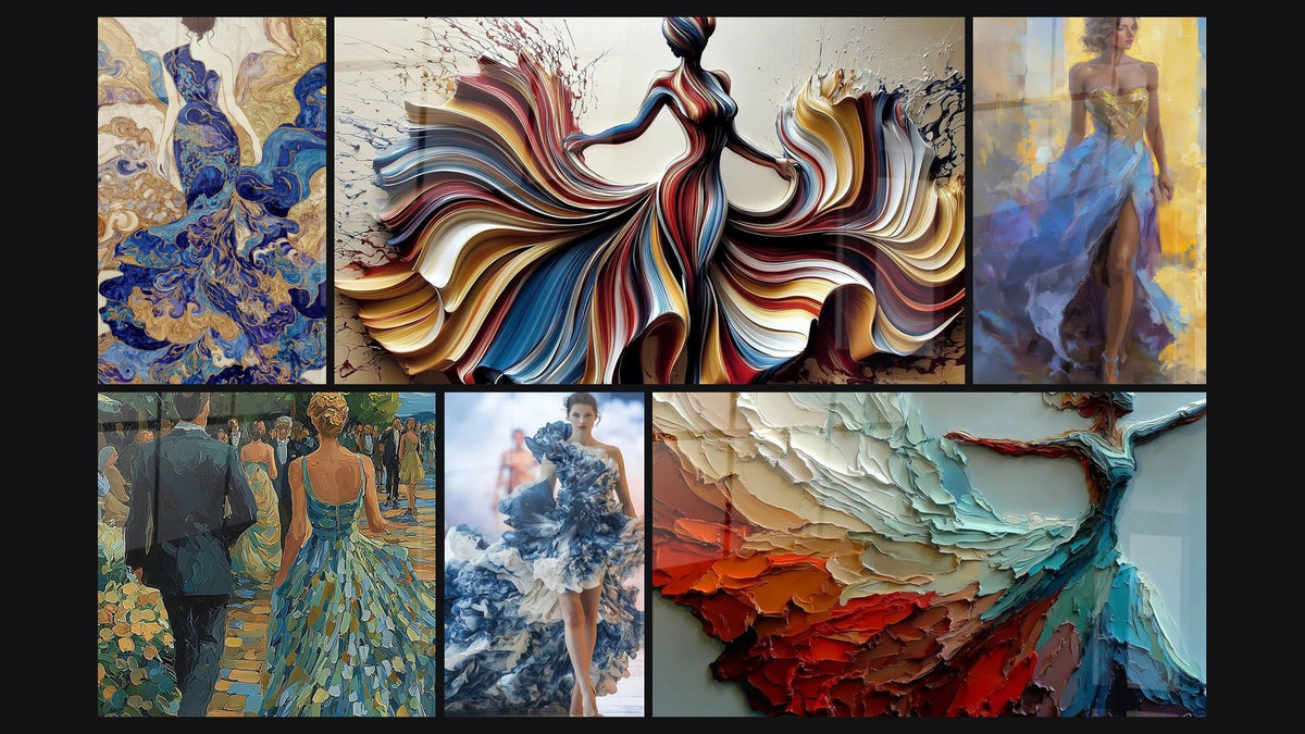 Mosaic of six paintings, including Woman from Behind, Woman and Elegant Couple