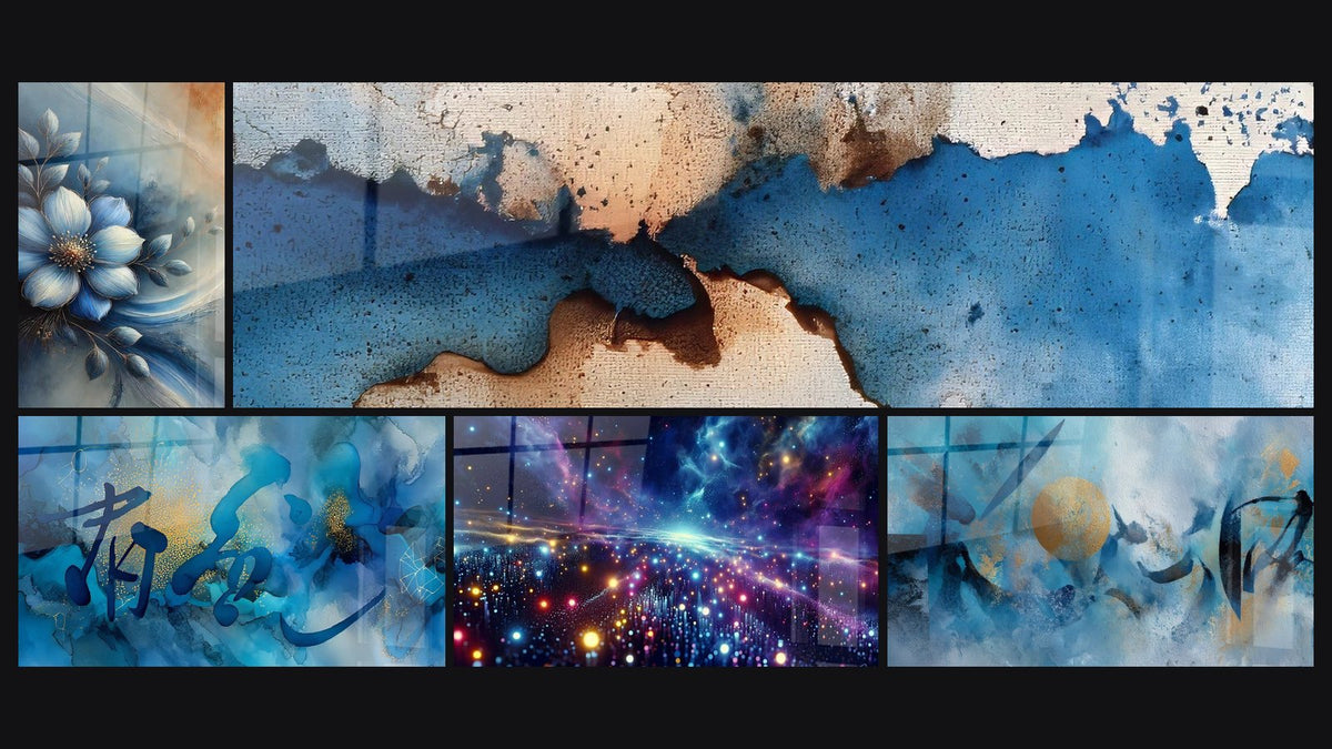 Mosaïque de cinq tableaux, dont Bleu de Minuit, Abstrait bleu doré et Abstrait bleu et beige