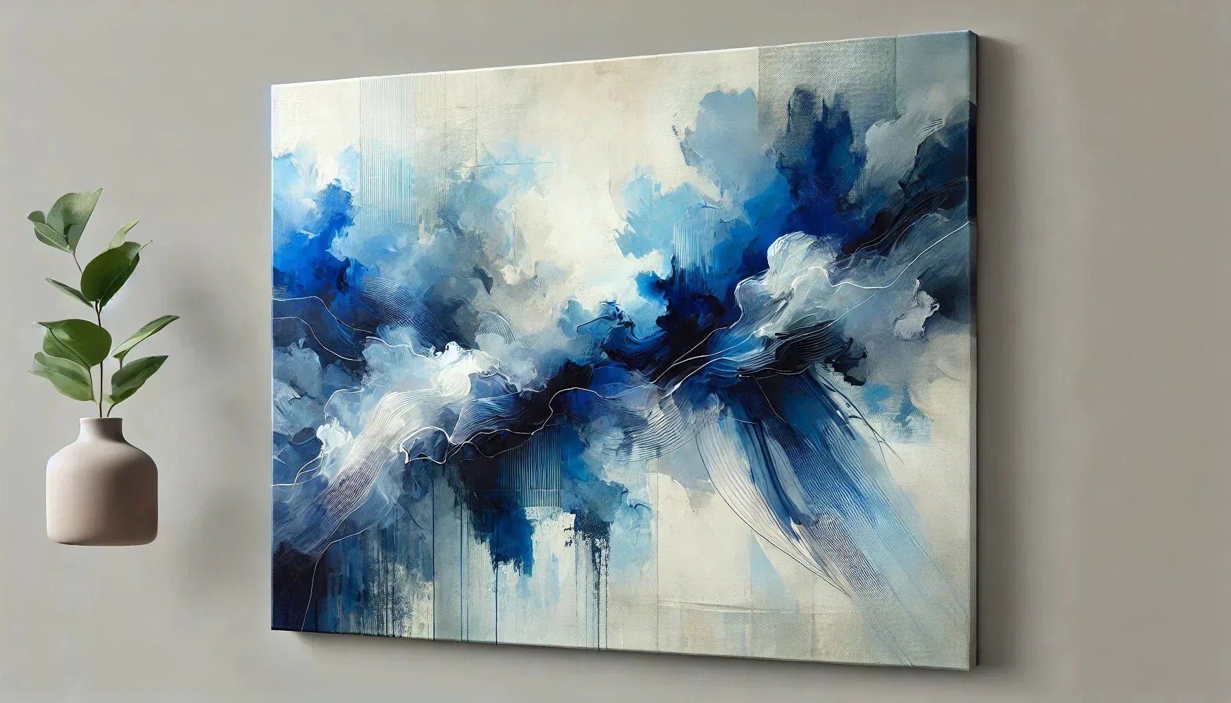 Tableau abstrait bleu moderne avec nuances de cobalt et indigo, apportant profondeur et élégance à une décoration intérieure contemporaine.