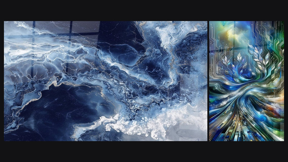 Dos cuadros uno al lado del otro: Matices azules y vetas doradas fluidas y Raíces Numéricas de la Creación