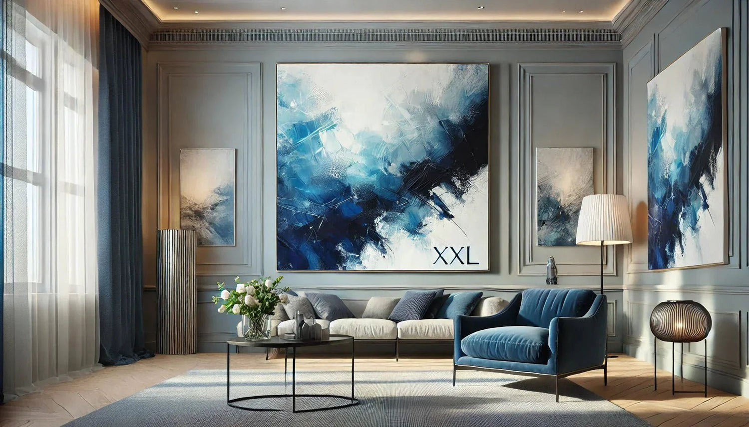 Tableau abstrait bleu XXL aux nuances de bleu profond et bleu océan, accroché dans un salon contemporain avec une décoration minimaliste et épurée.