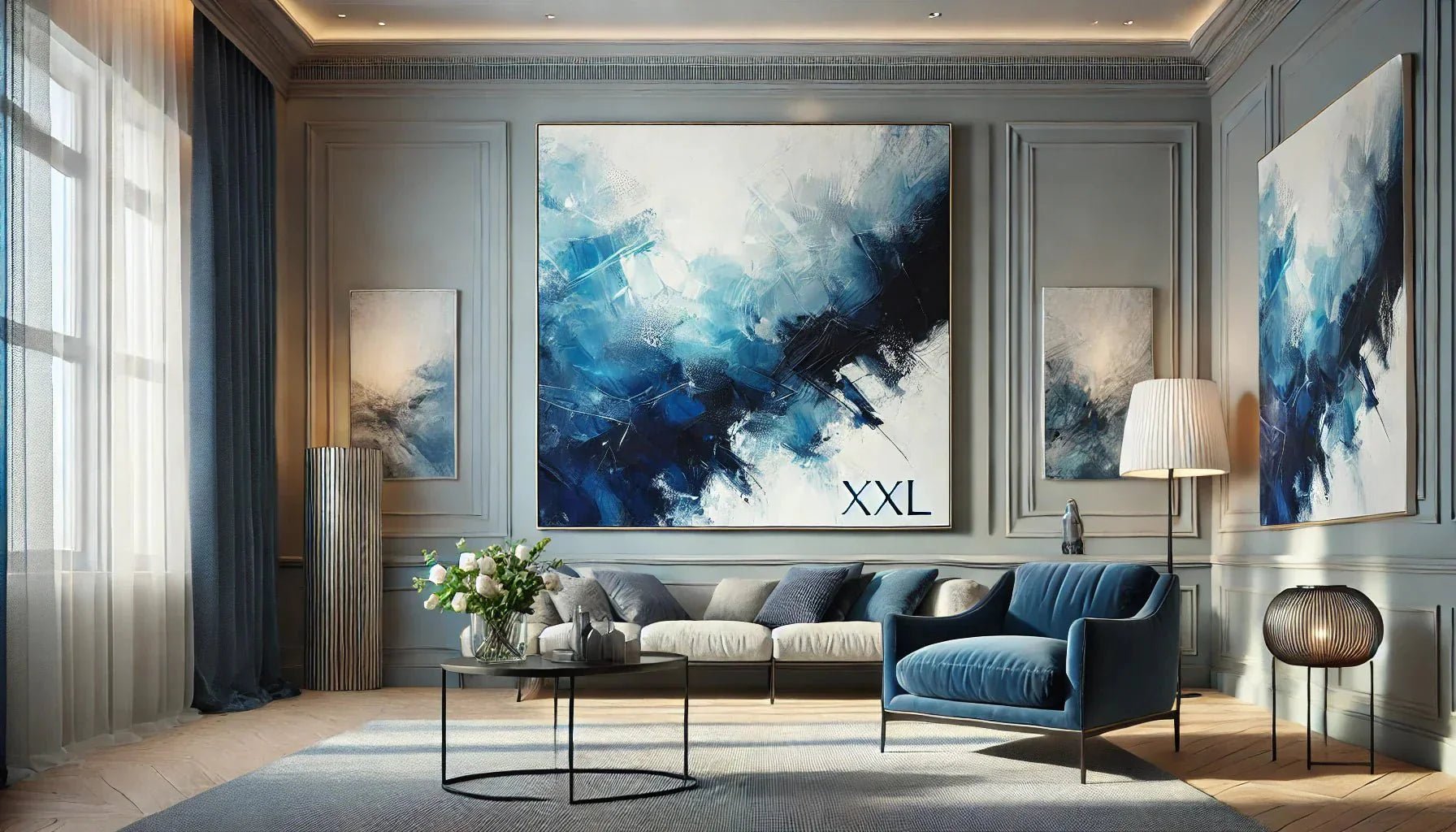 Tableau abstrait bleu XXL aux nuances de bleu profond et bleu océan, accroché dans un salon contemporain avec une décoration minimaliste et épurée.