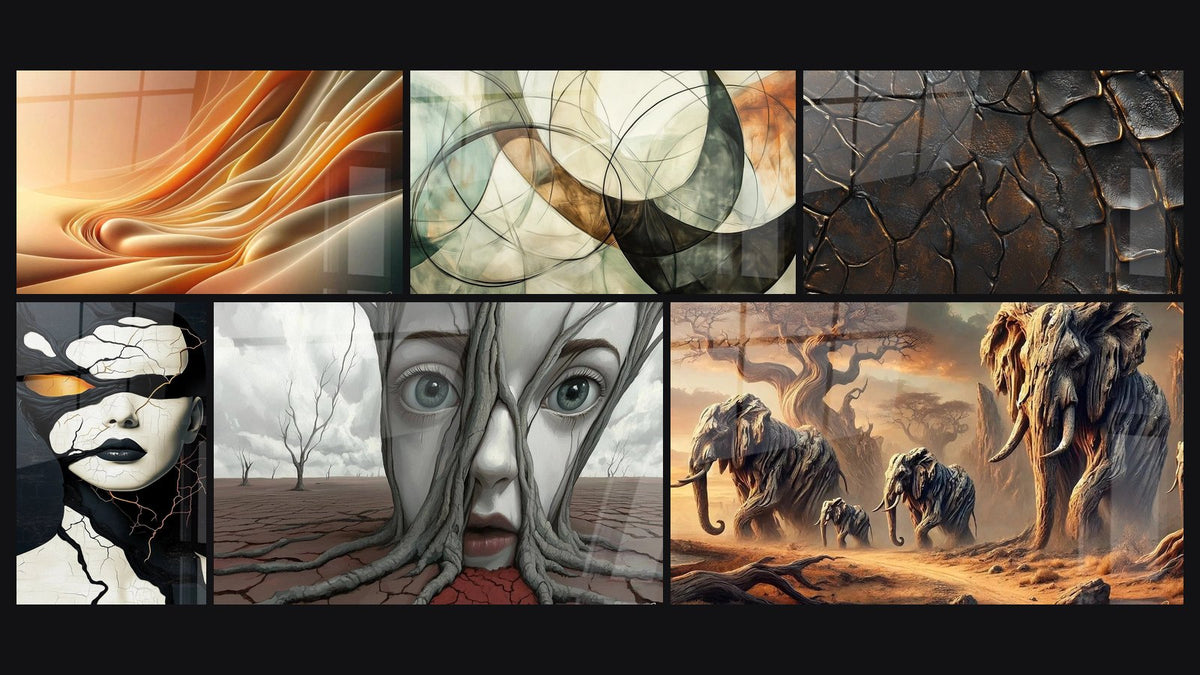 Mosaïque de six tableaux, dont Ondulations, Les Liens Invisibles et Peau de Métal