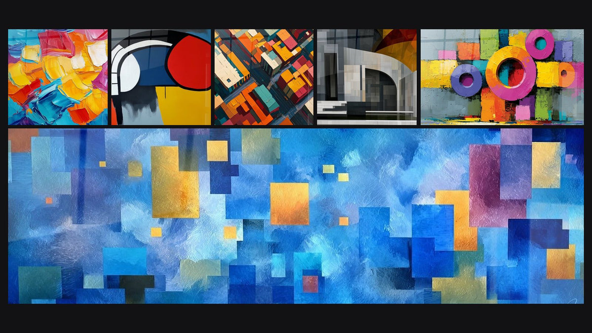 Mosaïque de six tableaux, dont Composition abstraite, Formes géométriques colorées et Quartier Abstrait Ocre