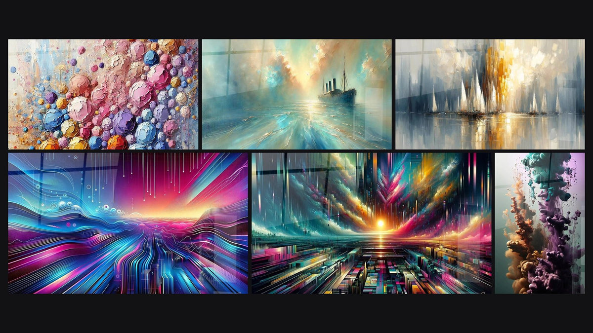 Mosaic of six paintings, including Ballet of Bubbles, Cybernetic Aurora and Modern Times Aurora