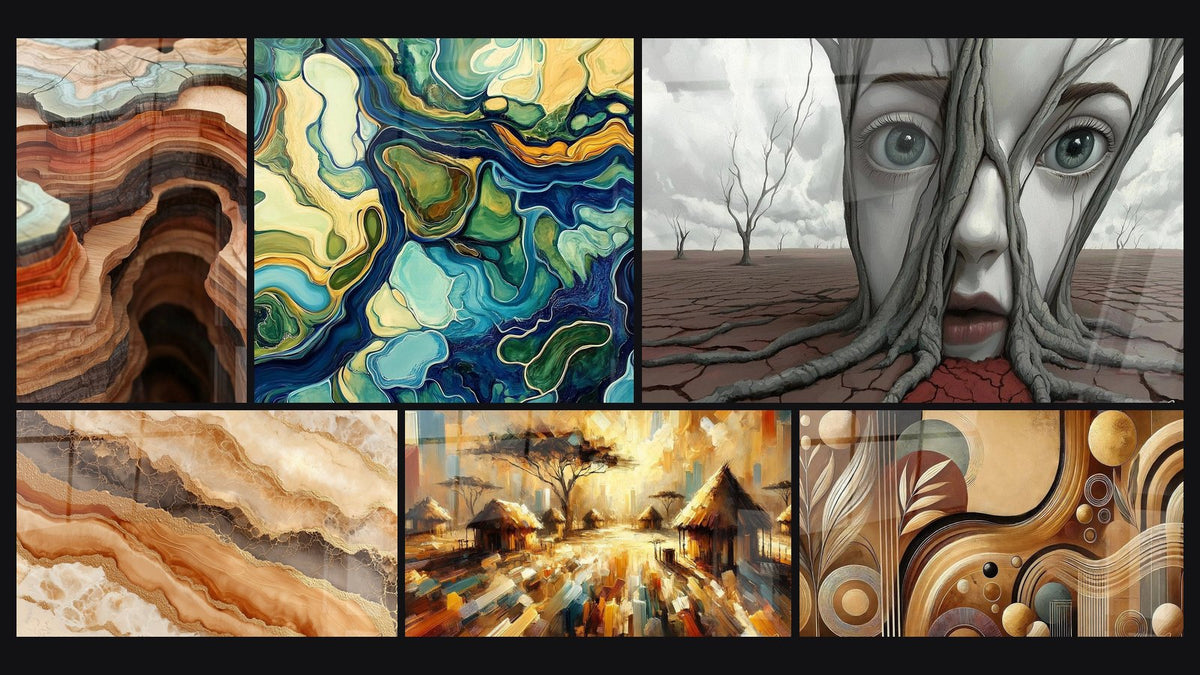 Mosaico de seis cuadros, entre ellos Abismo Estratificado Tierra y Calor de una Tierra Antigua