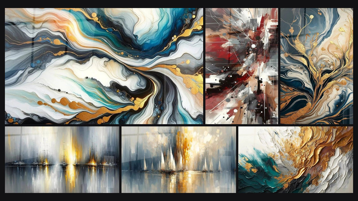 Mosaïque de six tableaux, dont Courants Colorés, Lueurs sur l'Eau et Aurore sur la Baie