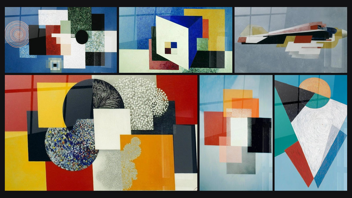 Mosaïque de six tableaux, dont Composition Géométrique Ordre Rationnel et Abstraction colorée Mouvement Progressiste