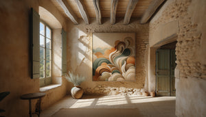 Tableau abstrait contemporain aux tons naturels méditerranéens sur mur en pierre d'un intérieur provençal rustique authentique