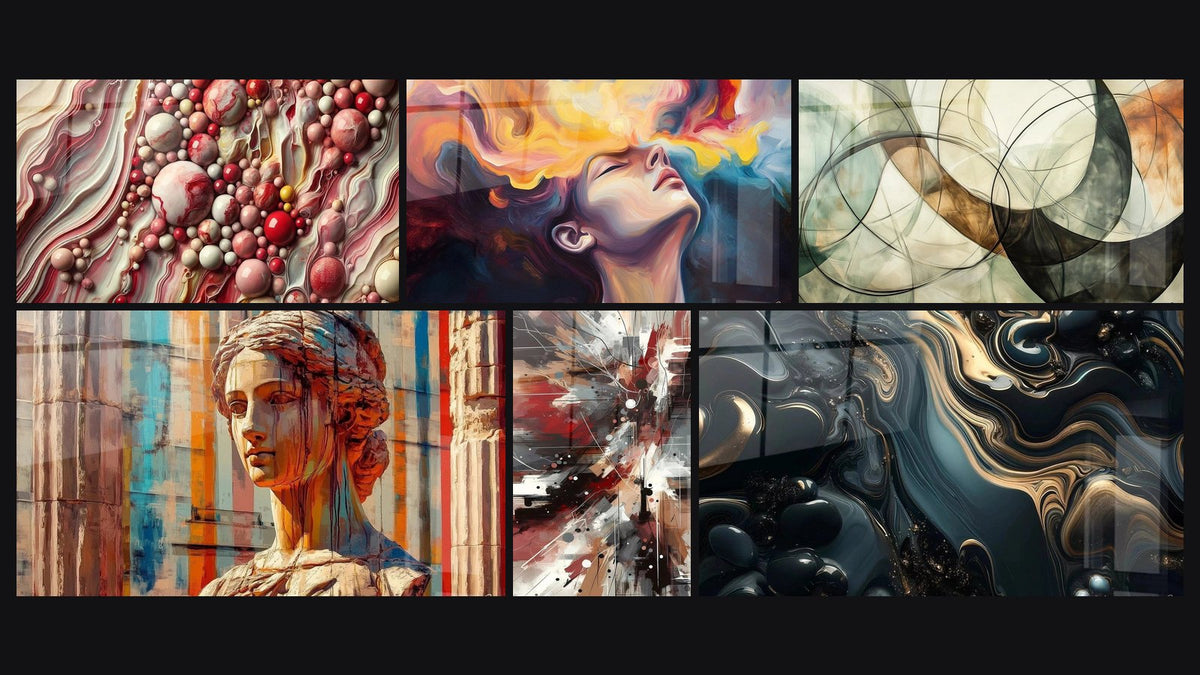Mosaïque de six tableaux, dont Univers de Perles, L'Esprit de l’Art et Éclat de l’Âme