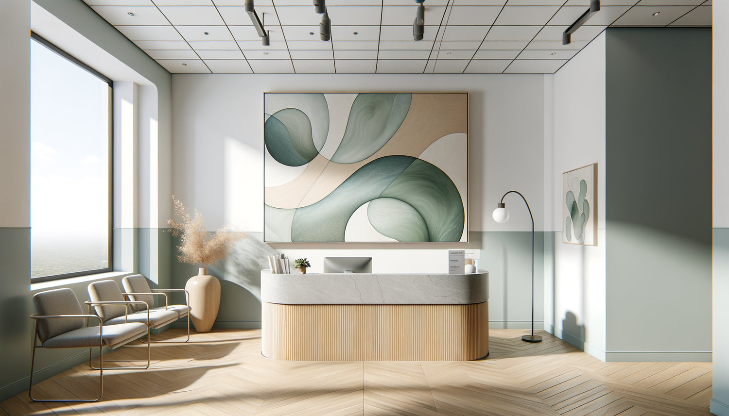 Cabinet médical moderne avec tableau abstrait organique aux tons apaisants vert sauge et bleu sur mur blanc épuré