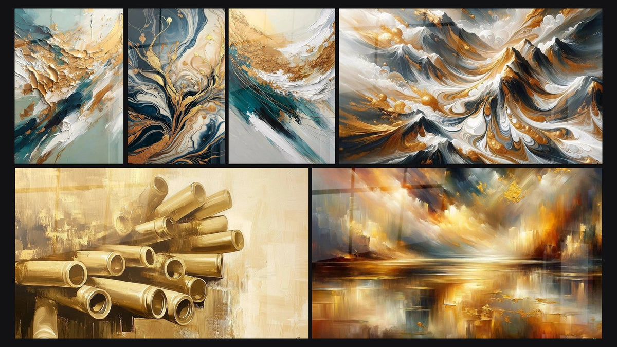 Mosaic of six paintings, including Golden Flux and Reflux, Fluid Golden Trees Abstract and Golden Crest and Foam