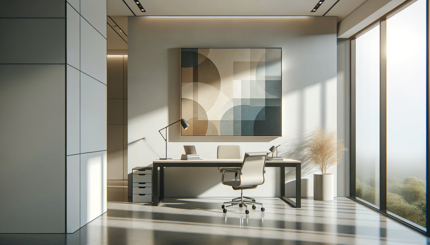 Bureau professionnel contemporain minimaliste avec tableau mural abstrait aux formes géométriques douces et couleurs apaisantes