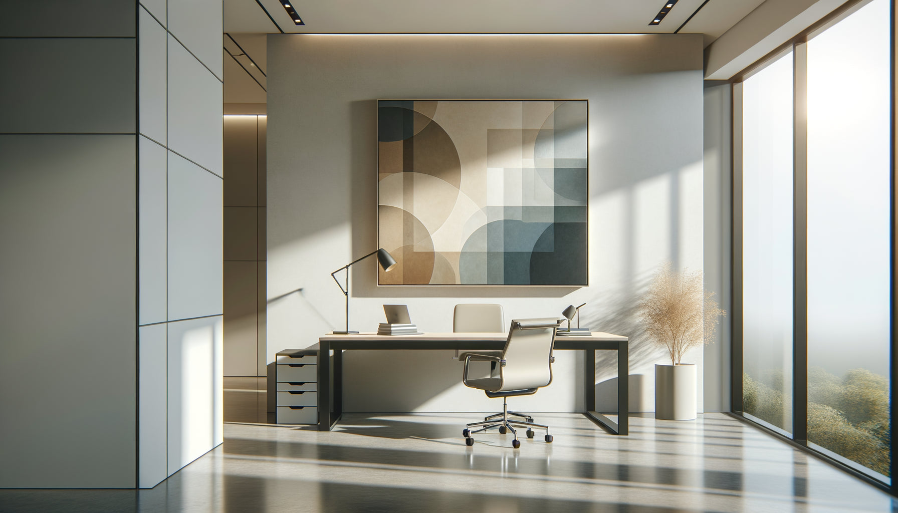 Bureau professionnel contemporain minimaliste avec tableau mural abstrait aux formes géométriques douces et couleurs apaisantes