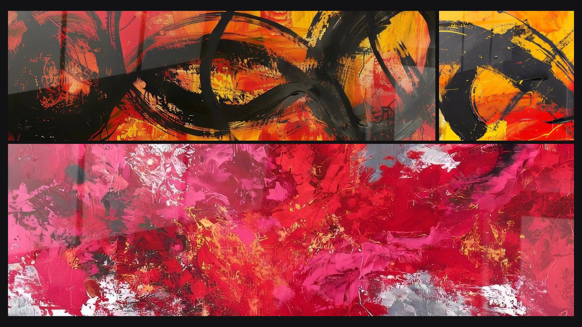 Mosaik aus drei Gemälden: Abstraktes expressionistisches, Abstraktes rotes und Abstraktes dynamisches