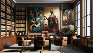 Bureau juridique moderne présentant tableau abstrait et peinture figurative classique côte à côte pour comparaison