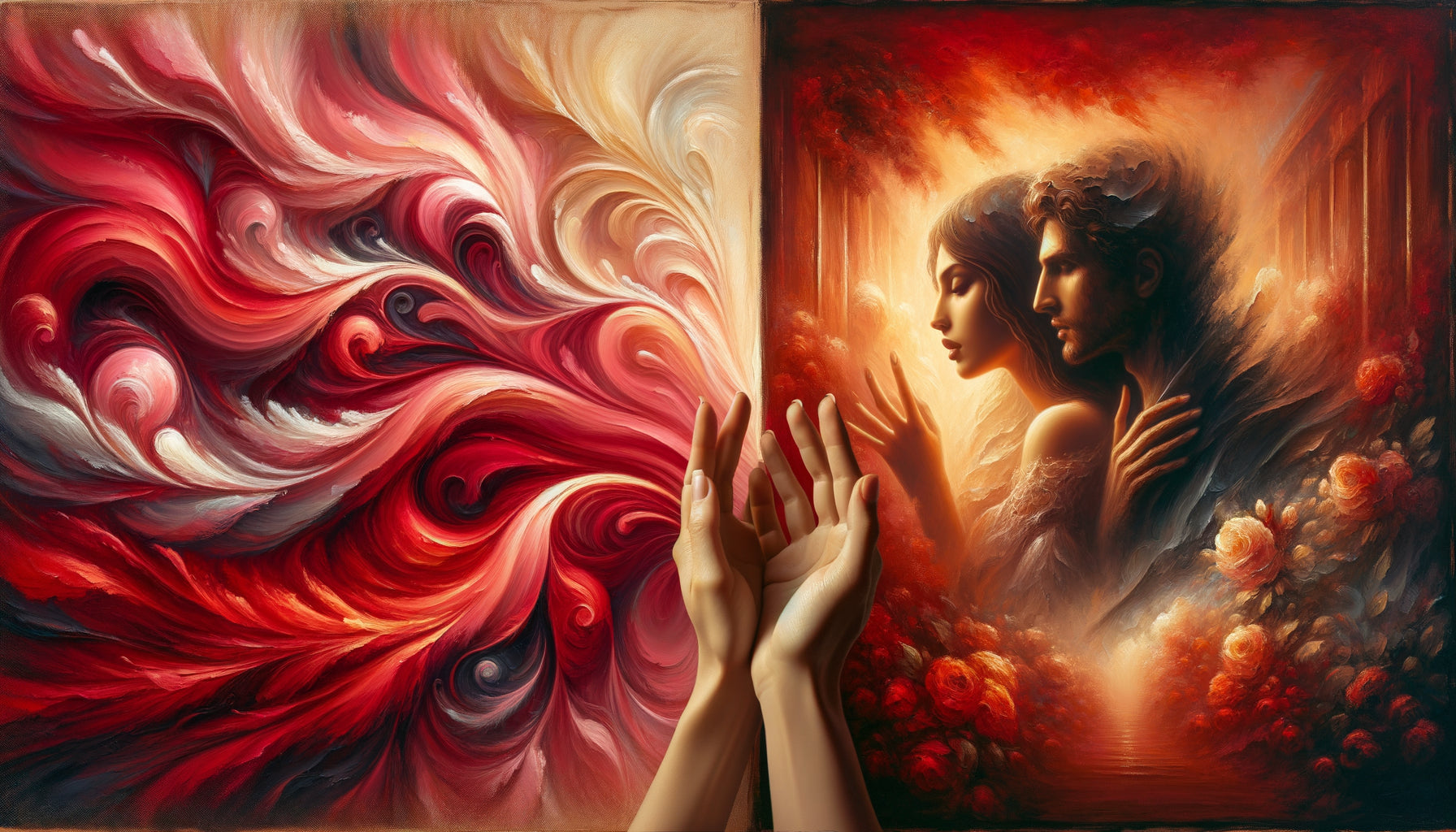 Comparaison visuelle entre tableau abstrait passionné et peinture figurative romantique pour déclaration d'amour