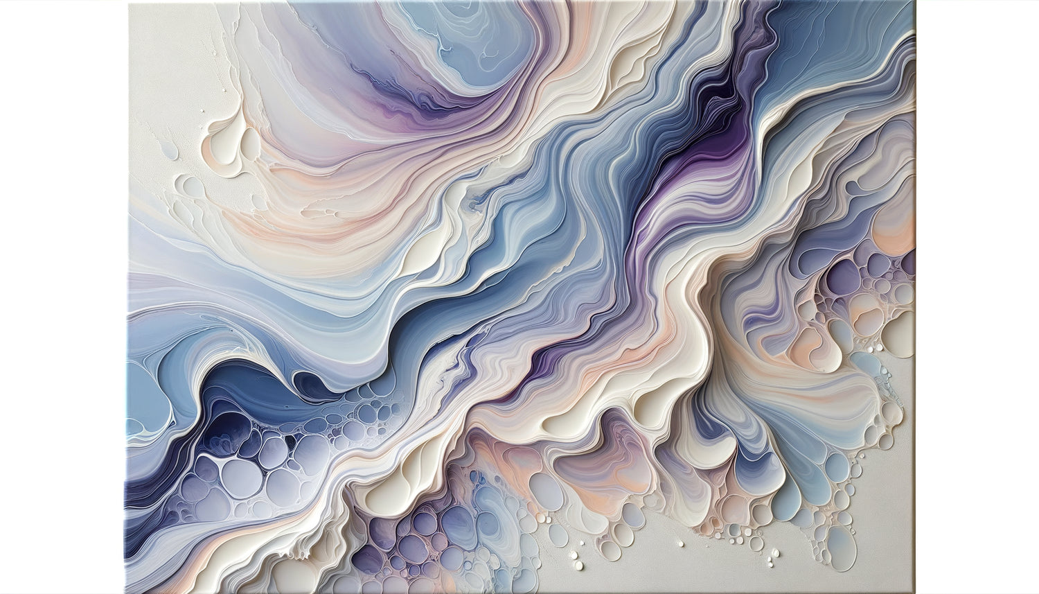 Peinture abstraite fluide aux couleurs apaisantes bleu pâle et lavande, mouvements organiques pour espace de méditation