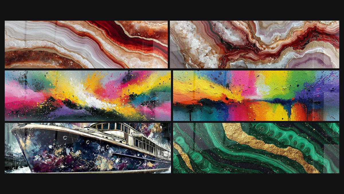 Mosaik aus sechs Gemälden, darunter Yacht Purpur und Gold mit runden Bullauern und Smaragdfluss und Gold Panorama