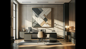 Tableau abstrait géométrique aux tons neutres dans un cabinet d'avocat contemporain professionnel