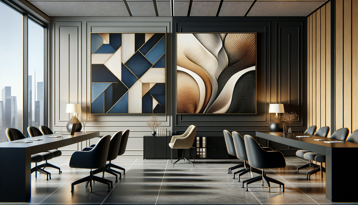 Comparaison tableau abstrait géométrique versus organique dans cabinet avocat moderne, illustrant choix stylistique professionnel