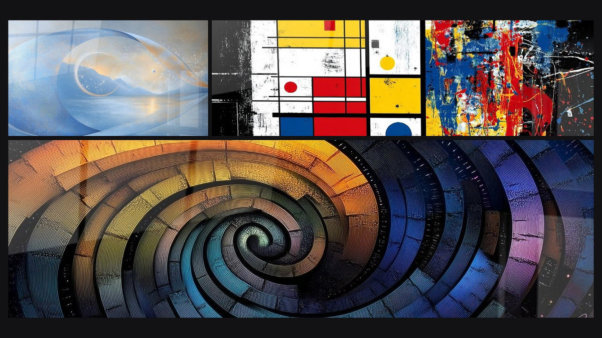 Mosaic of three paintings: Blue cosmic wave, Abstract Geometric and Colorful Cosmic Spiral
