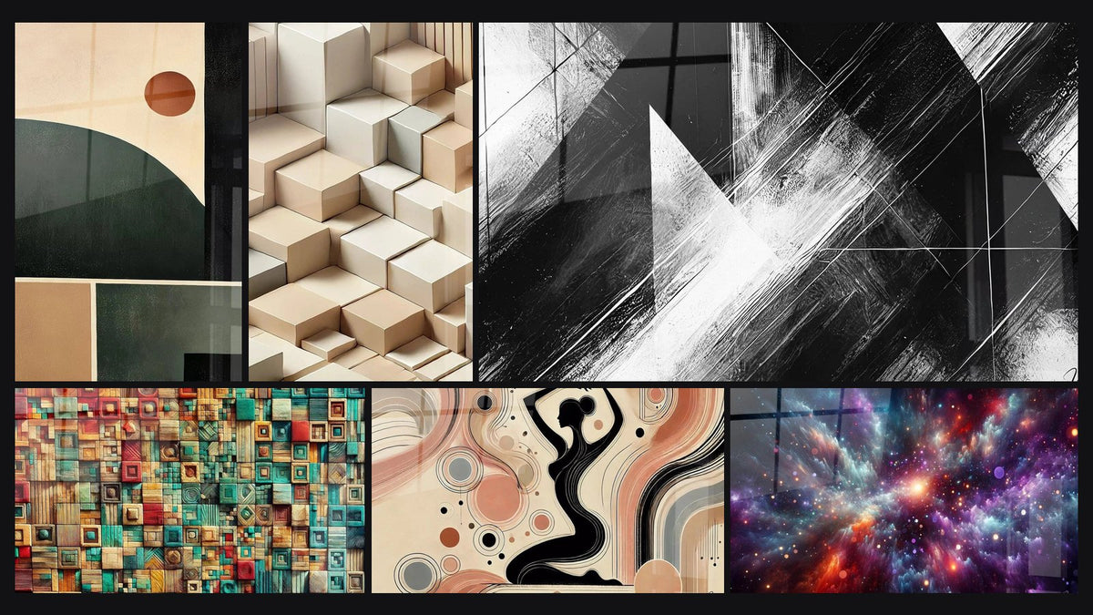 Mosaico de seis cuadros, entre ellos Equilibrio Geométrico, Entrelazado de Colores y Minimalismo Esculpido