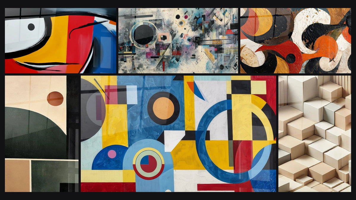 Mosaico de seis cuadros, entre ellos Abstracto colorido, Composición abstracta geométrica y Equilibrio Geométrico