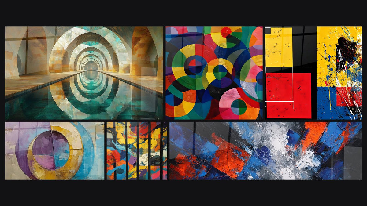Mosaïque de six tableaux, dont Arche Silencieuse Teal, Cercles concentriques colorés et Barres colorées verticales
