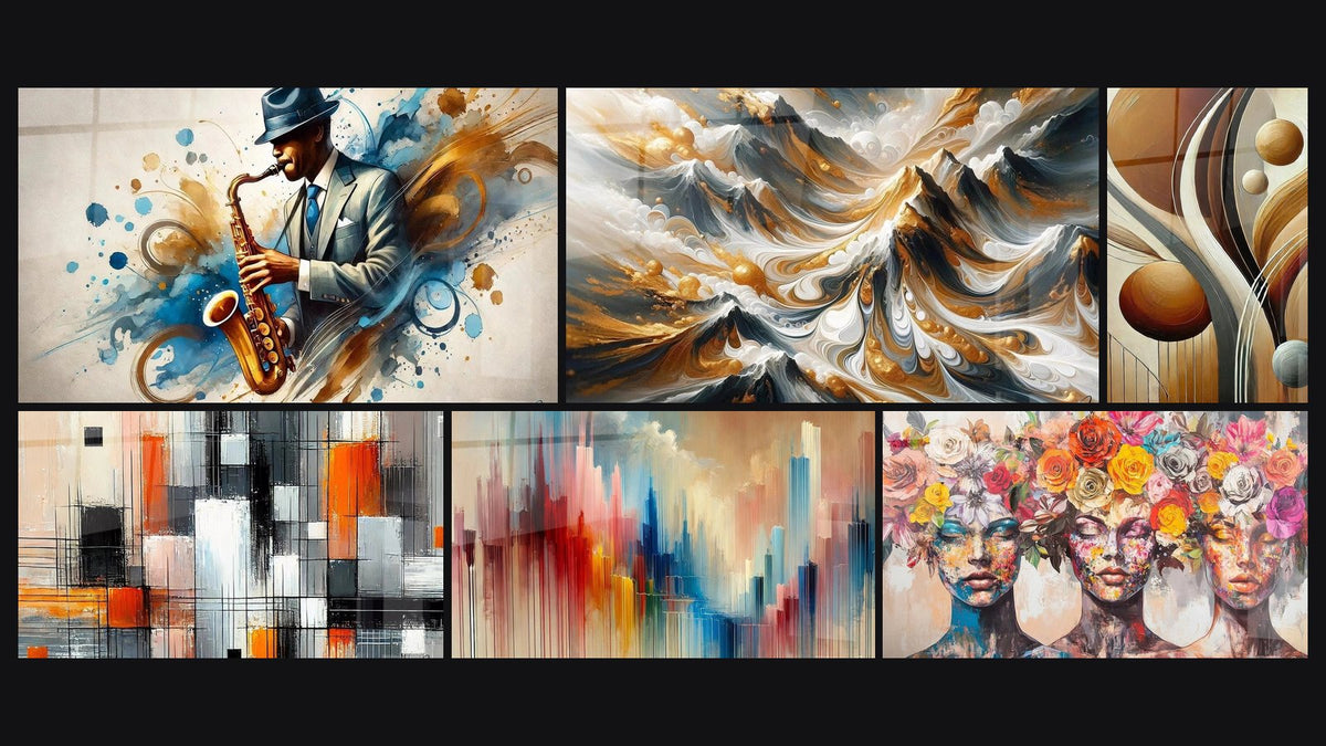 Mosaic of six paintings, including Mechanics of Colors, Golden Crests and Serenity Abstract