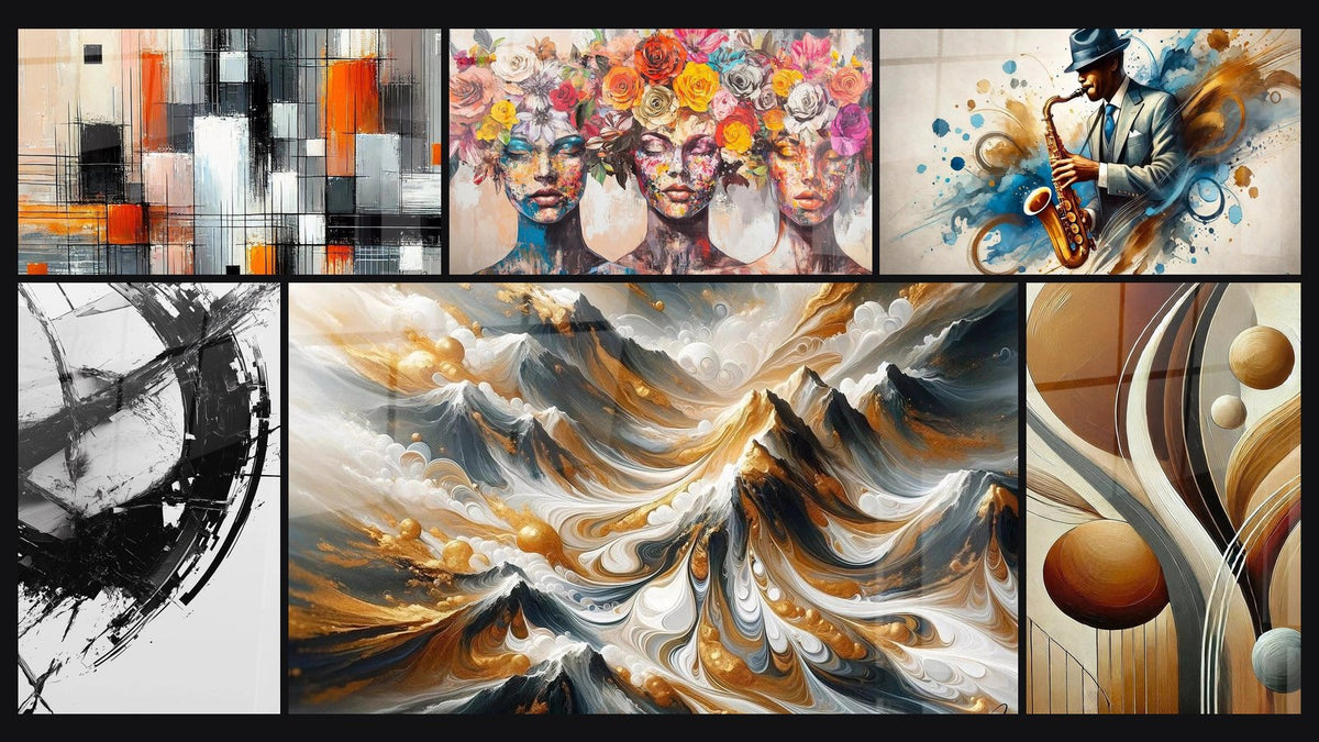 Mosaïque de six tableaux, dont Mécanique des couleurs, Les Muses Fleuries et La Brisure du Temps
