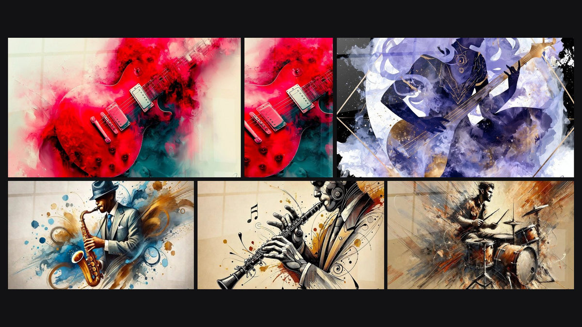 Mosaïque de six tableaux, dont Jazz N°2, Clarinette N°1 et Batterie N°2