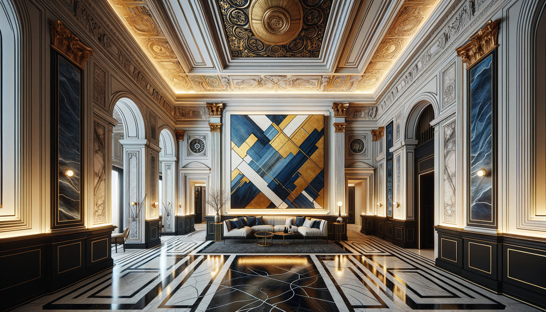 Tableau abstrait contemporain dans hall d'hôtel haussmannien classique créant dialogue architectural harmonieux