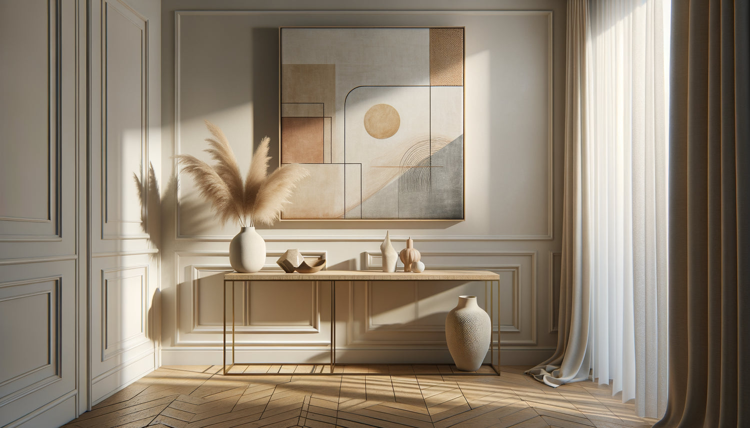 Intérieur de location meublée moderne avec tableau abstrait minimaliste aux tons neutres intemporels