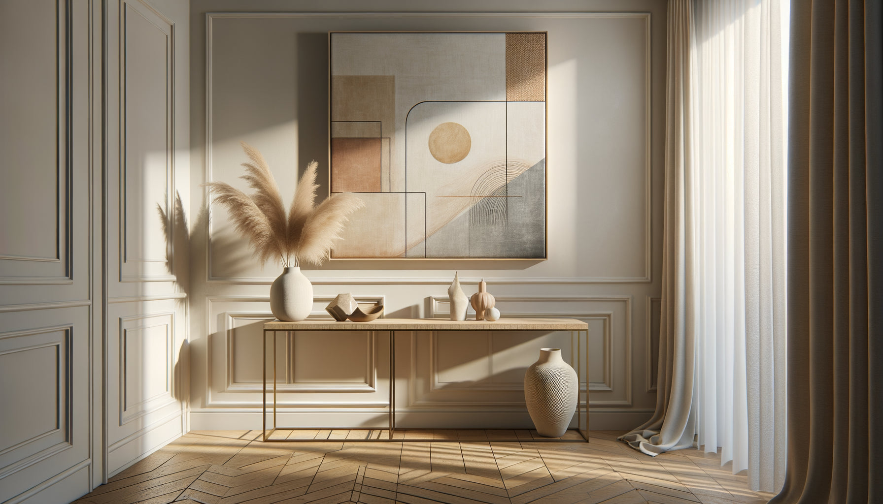 Intérieur de location meublée moderne avec tableau abstrait minimaliste aux tons neutres intemporels