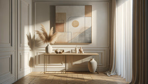 Intérieur de location meublée moderne avec tableau abstrait minimaliste aux tons neutres intemporels