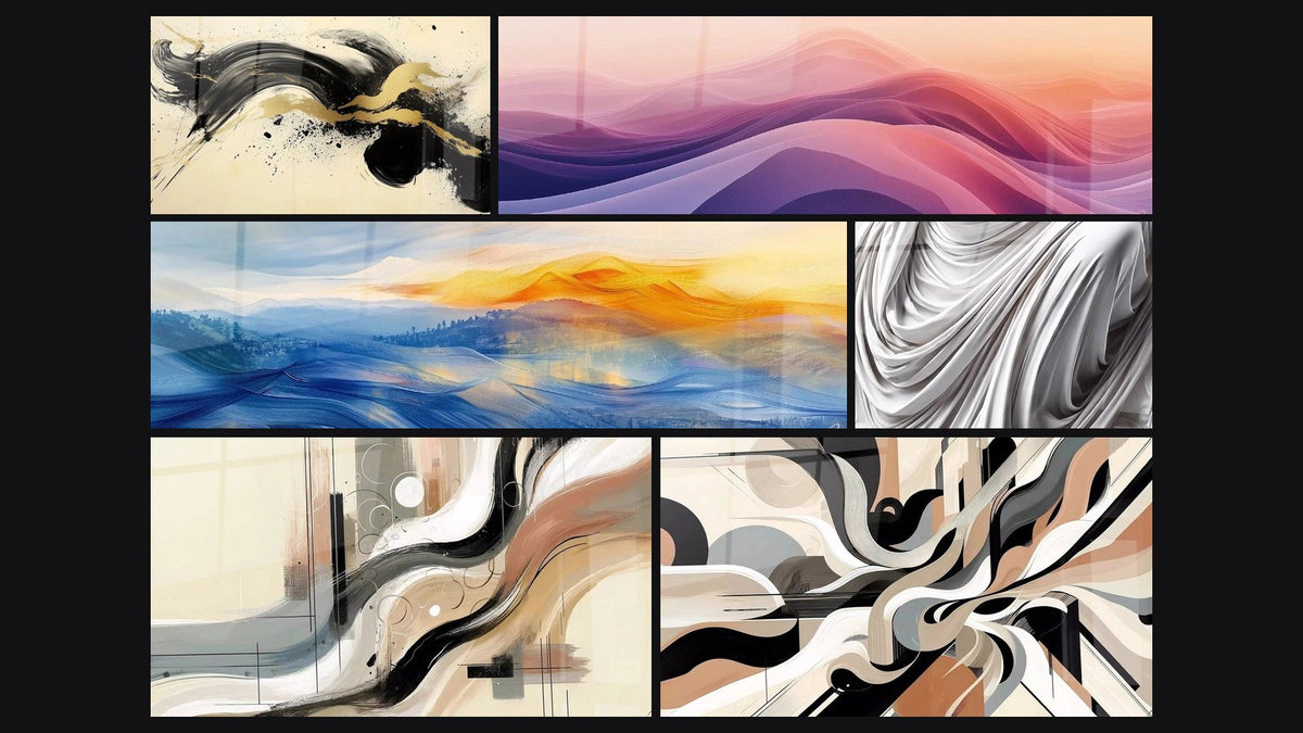 Mosaic of six paintings, including Passionate Momentum Black, Silky Mauve Flow and Infinite Blue Meditation
