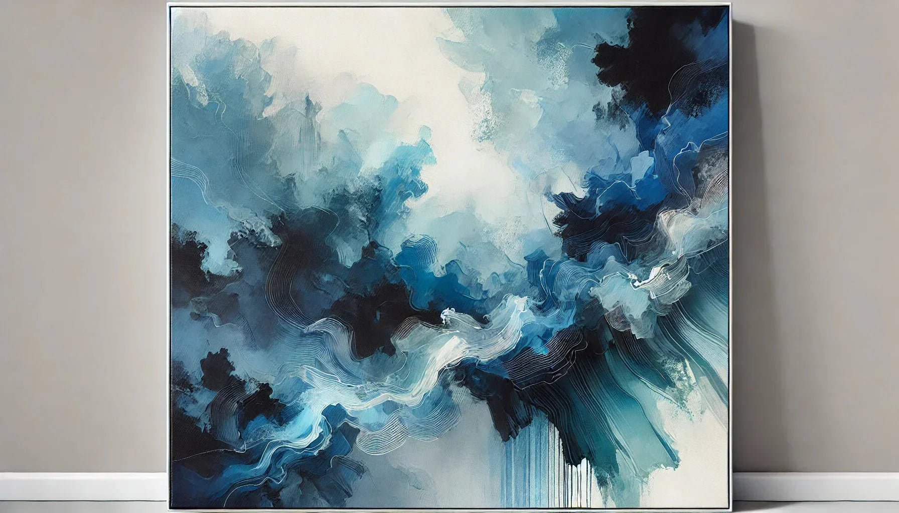 Tableau abstrait moderne bleu aux nuances profondes, illustrant un style minimaliste et une harmonie des couleurs parfaite pour une décoration murale contemporaine.