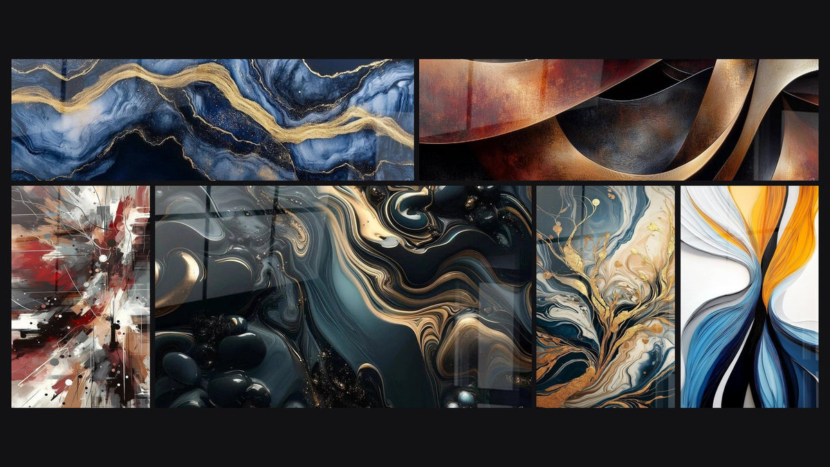 Mosaïque de six tableaux, dont Marbre Liquide Éternité Bleu, Sinuosités Méditation Ocre et Bruit Dynamique Explosive
