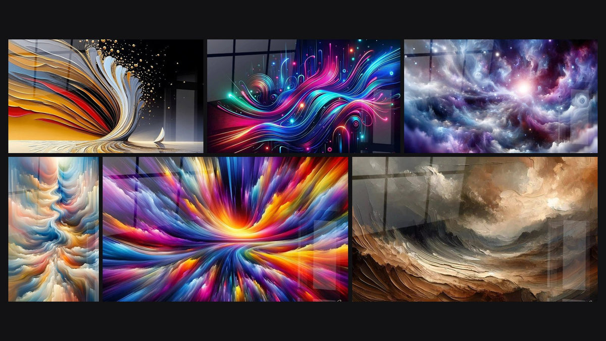 Mosaico de seis cuadros, entre ellos Remolino dinámico dorado y Resonancia de Tonos Celestes