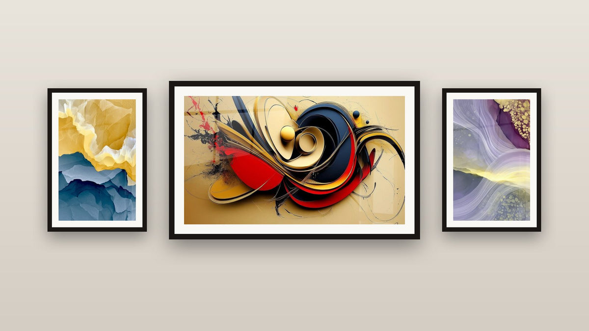 Gallery wall with three framed paintings: Dynamic Abstract, Purple Waves with Golden Shimmers and Golden Peaks and Navy Waves