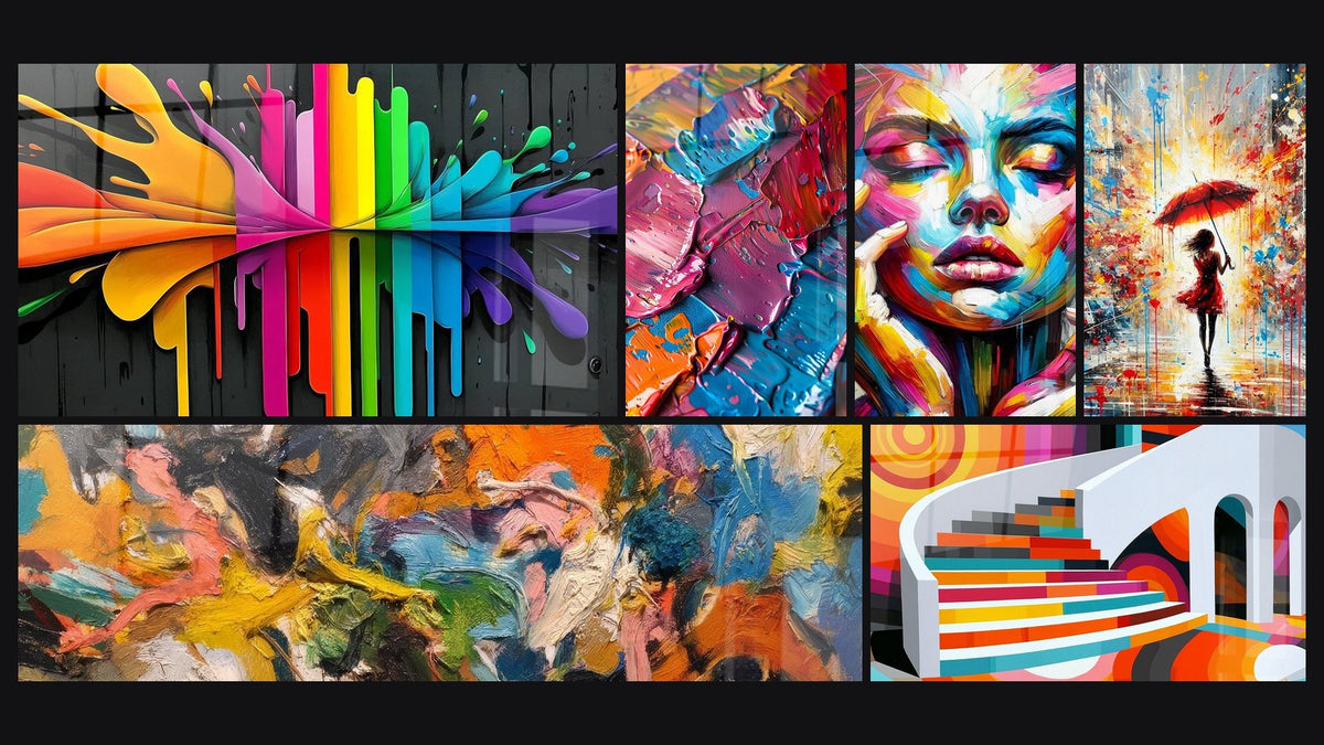 Mosaïque de six tableaux, dont Explosion colorée, Peinture abstraite multicolore et Peinture acrylique multicolore