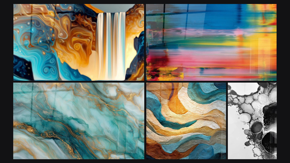 Mosaïque de cinq tableaux, dont Cascade abstraite, Ondes fluides dorées et turquoise et Abstrait mouvement coloré