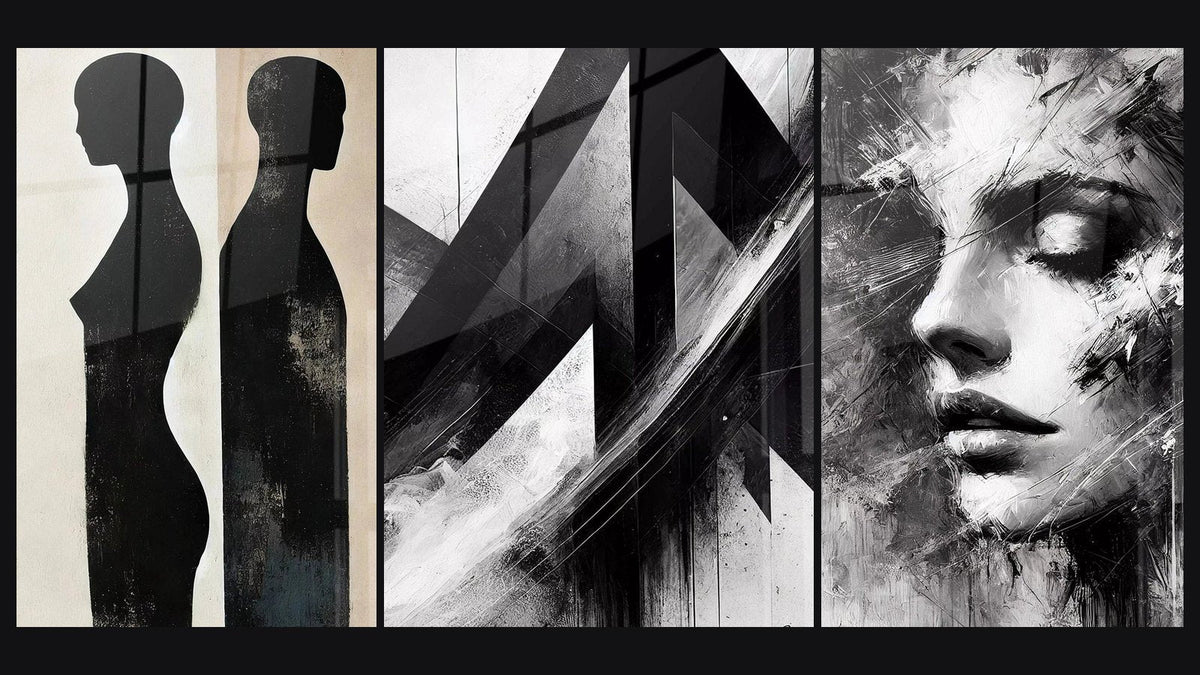 Mosaïque de trois tableaux : Dualité Silencieuse, Trajectoires Fracturées et Reflet Fragmenté