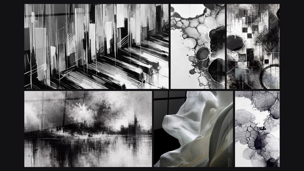 Mosaïque de six tableaux, dont Symphonie en Noir, Brumes Urbaines et Tissu blanc fluide