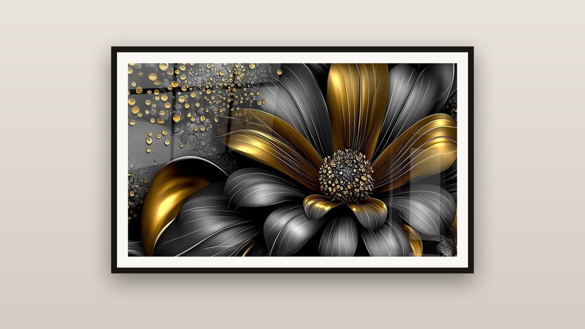 Tableau encadré sur un mur : Fleur Dorée Métallique