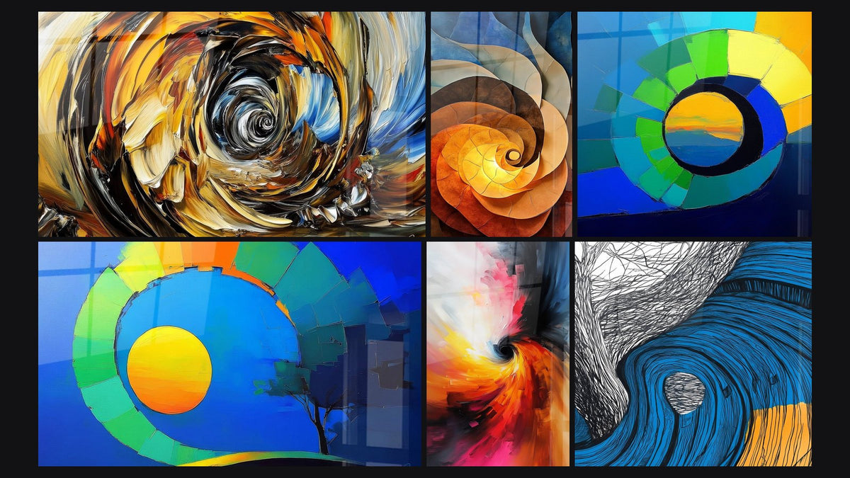 Mosaic of six paintings, including Energetic whirlwind, Cosmic colorful spiral and Dynamic Colorful Spiral