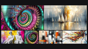 Mosaïque de six tableaux, dont Spirale psychédélique multicolore, L'Art en Transition et Spirale fractale multicolore