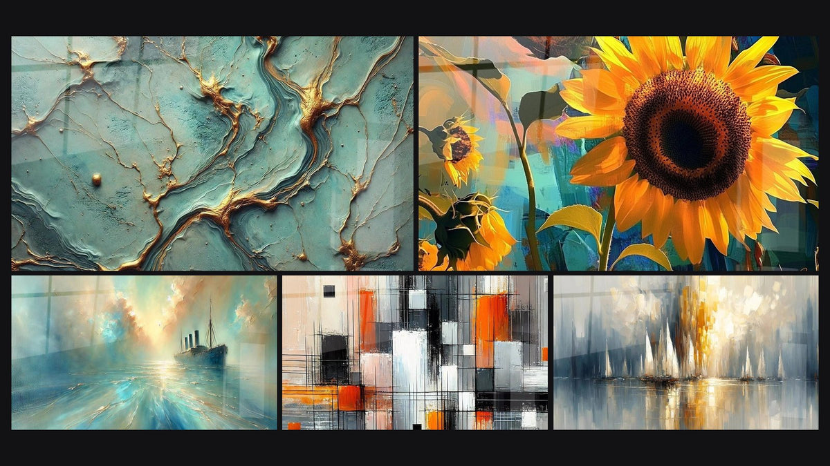 Mosaic of five paintings, including Golden Rivers, Sunflower Wall Art No. 1 and Heart of the Breeze
