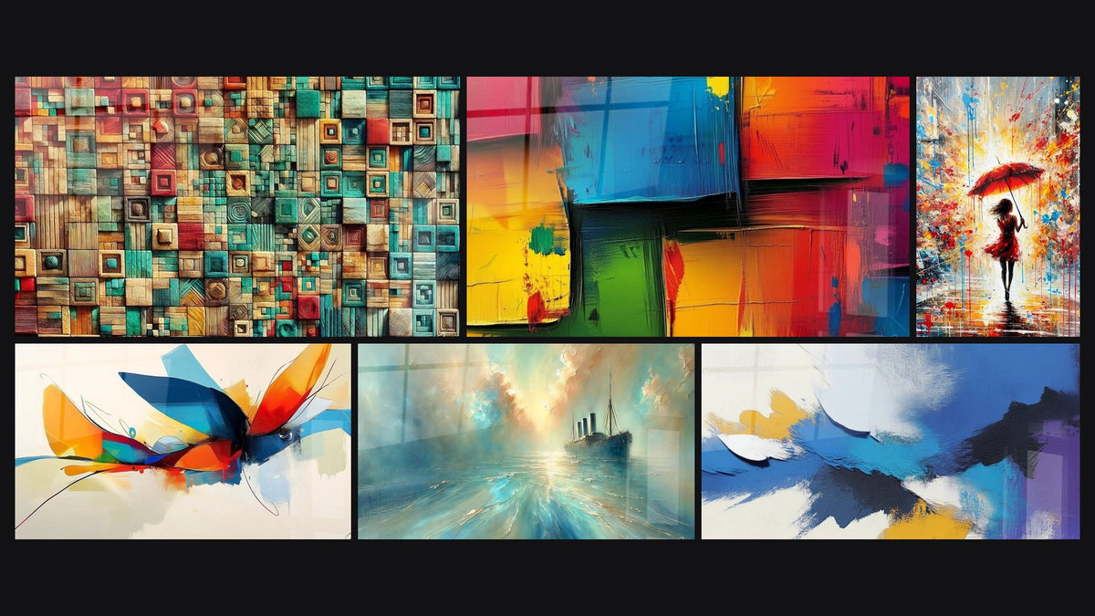 Mosaïque de six tableaux, dont Imbrication des Couleurs, L’Abîme des Couleurs et Au Cœur de la Brise